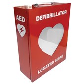 DEFIBRILLATOR METAL CABINET WITH TRANSPARENT HEART 340 X 450 X 150MM RED